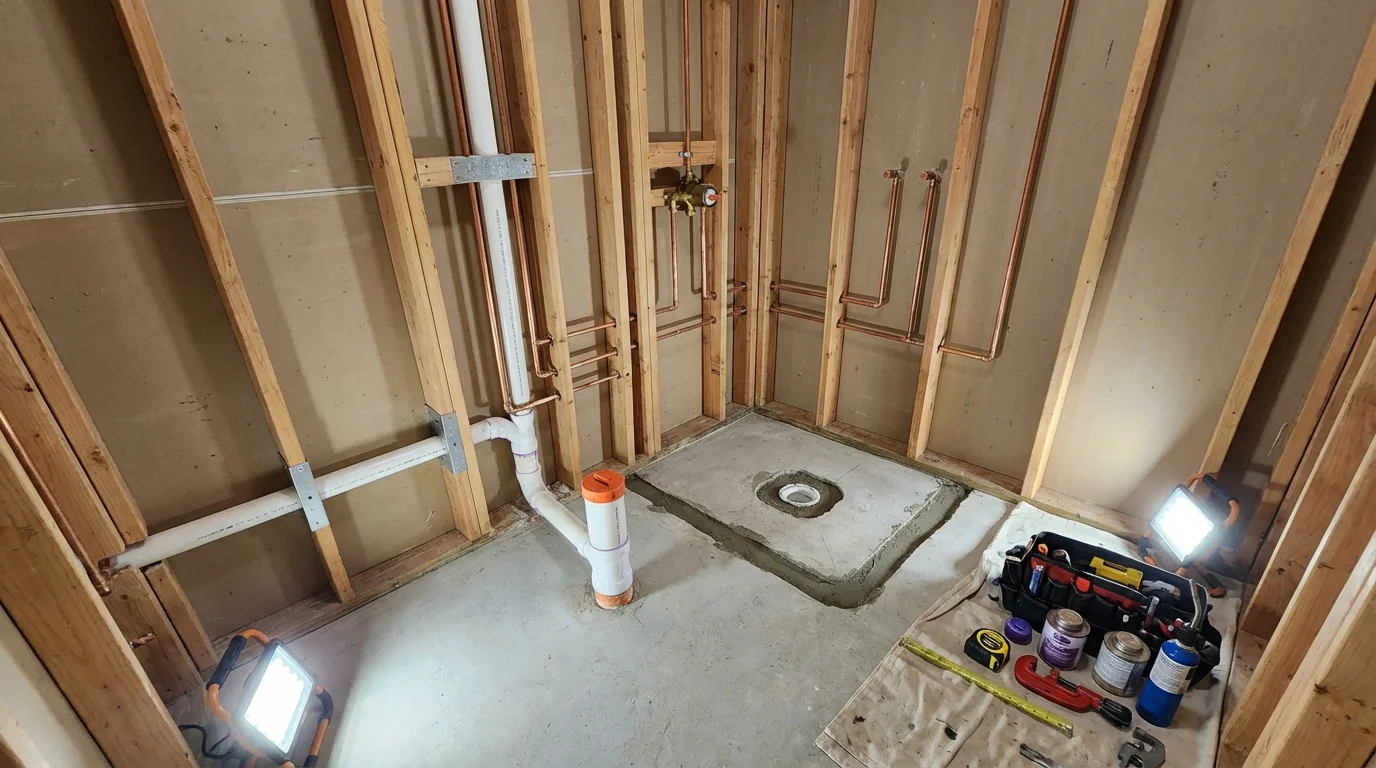 Bathroom rough-in plumbing during remodel by Johns Plumbing LLC in Guayanilla