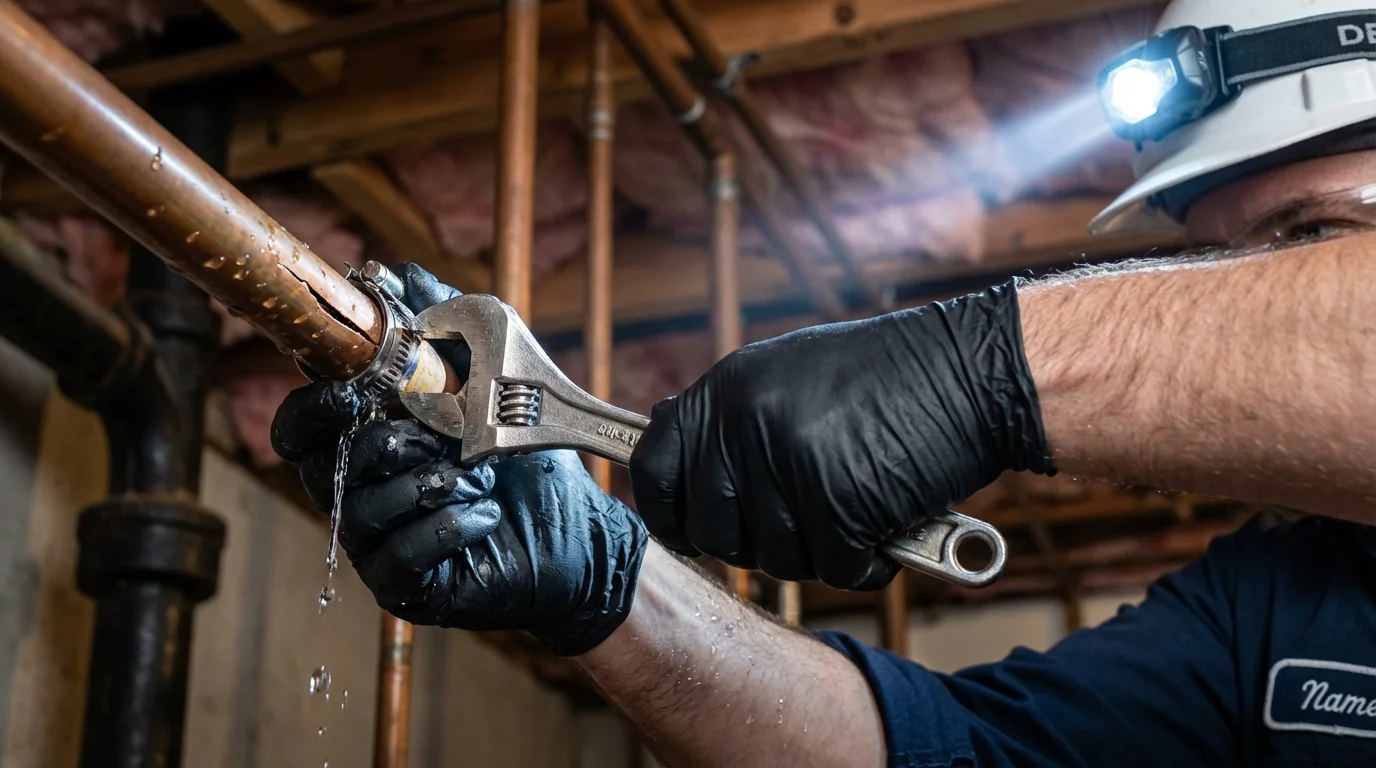 Emergency pipe clamp repair being performed by a Johns Plumbing LLC plumber in Guayanilla