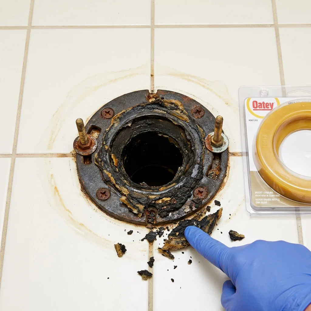 Failed wax ring showing water seepage at the base of a toilet in a Guayanilla, PR home